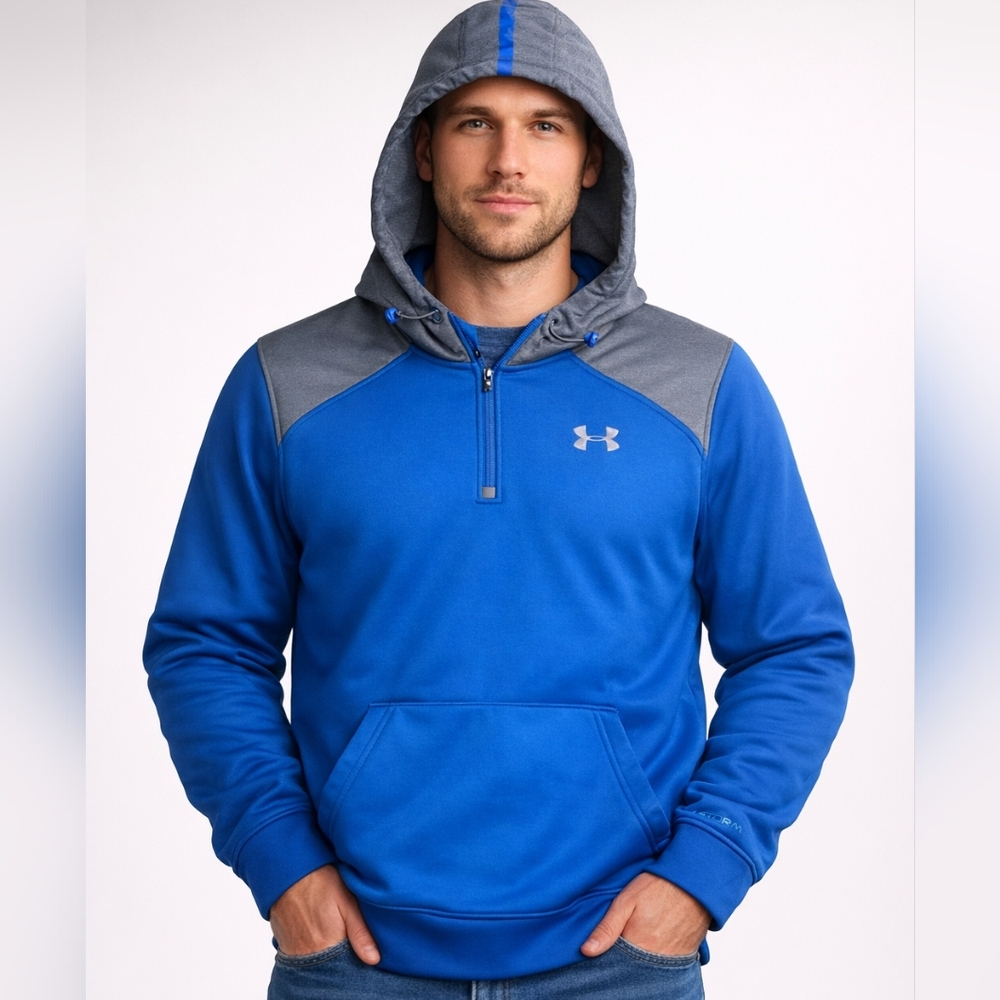 Under Armour Royal Blue Hoodie Storm sz Large Cold Gear Pullover Spellout Hood